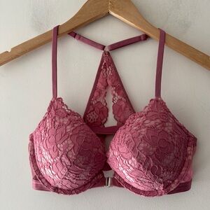 Victoria's Secret Very Sexy Push Up Front Close Racerback Bra Lace Pink 32C